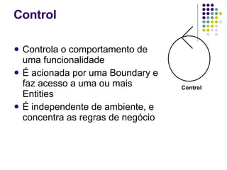 Controla o comportamento de uma funcionalidade É acionada por uma Boundary e faz acesso a uma ou mais Entities É independente de ambiente, e concentra as regras de negócio   Control Control 