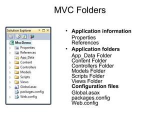 MVC Folders

  • Application information
    Properties
    References
  • Application folders
    App_Data Folder
    Content Folder
    Controllers Folder
    Models Folder
    Scripts Folder
    Views Folder
    Configuration files
    Global.asax
    packages.config
    Web.config
 