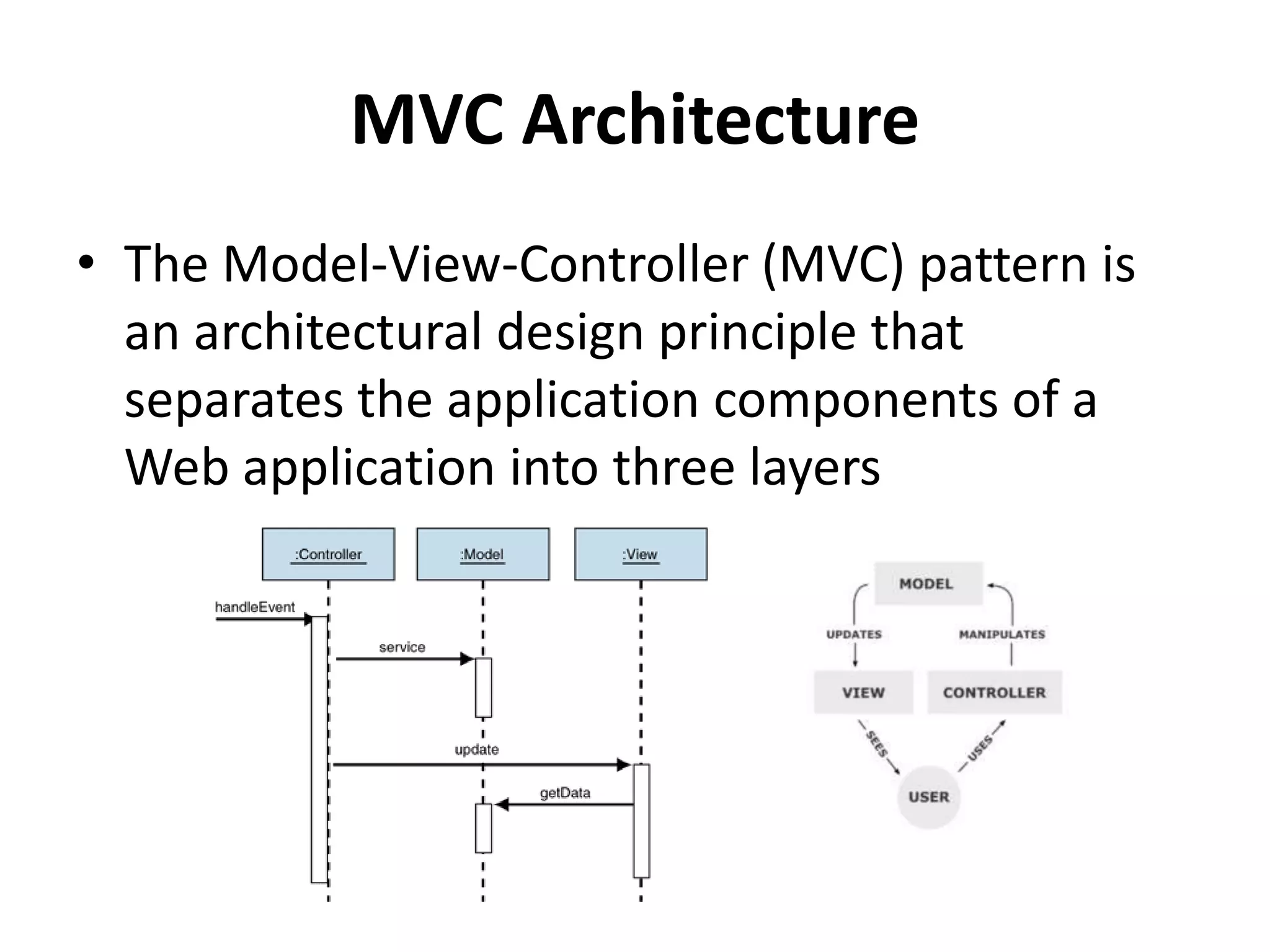 MVC Architecture
• The Model-View-Controller (MVC) pattern is
an architectural design principle that
separates the application components of a
Web application into three layers
 
