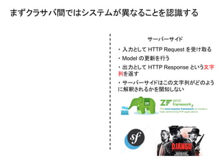 まずクラサバ間ではシステムが異なることを認識する
サーバーサイド
・ 入力として HTTP Request を受け取る
・ Model の更新を行う
・ 出力として HTTP Response という文字
列を返す
・ サーバーサイドはこの文字列がどのよう
に解釈されるかを関知しない
 