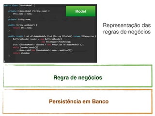 Model
Regra de negócios
Persistência em Banco
Representação das
regras de negócios
 