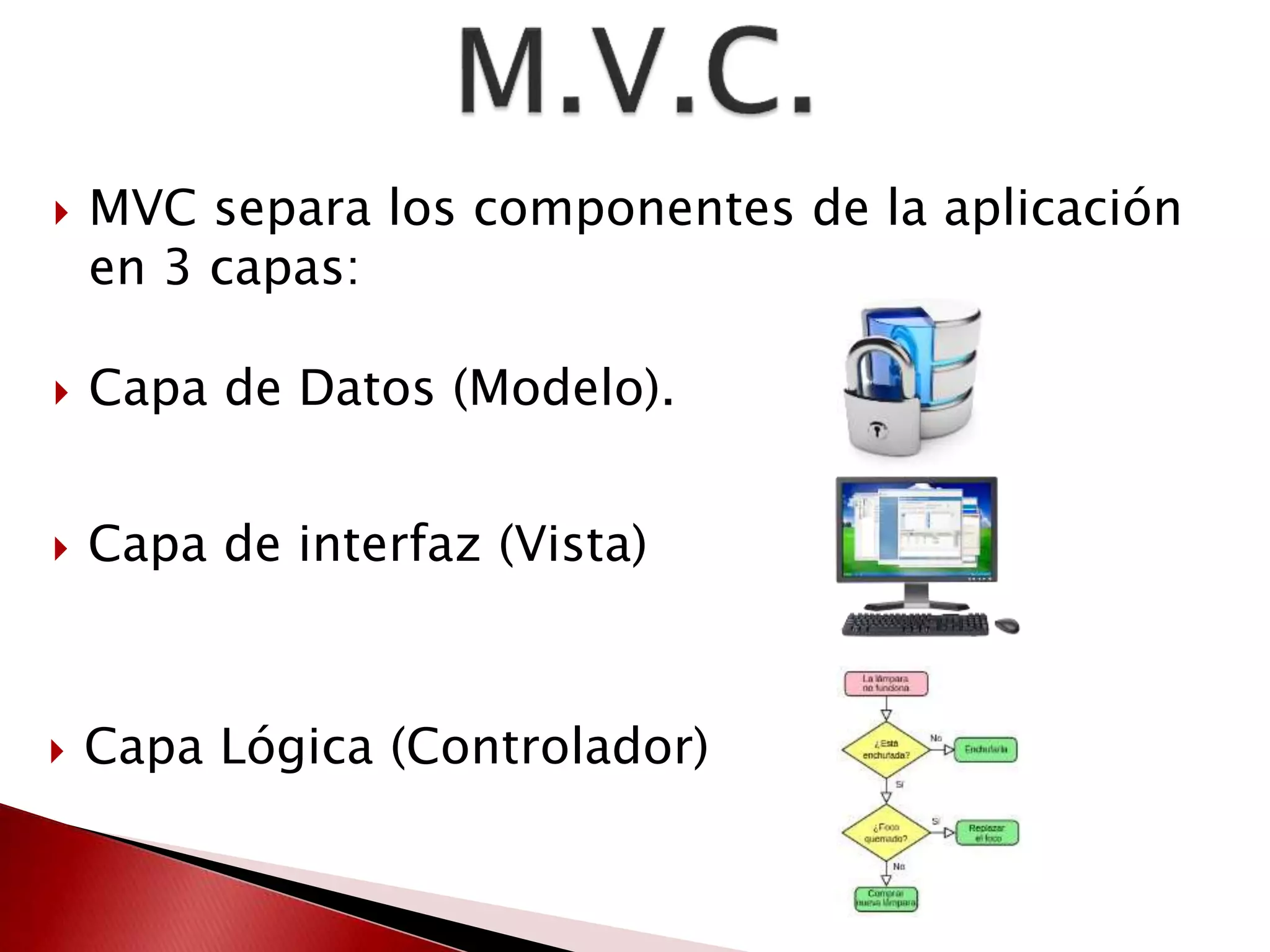  MVC separa los componentes de la aplicación 
en 3 capas: 
 Capa de Datos (Modelo). 
 Capa de interfaz (Vista) 
 Capa Lógica (Controlador) 
 