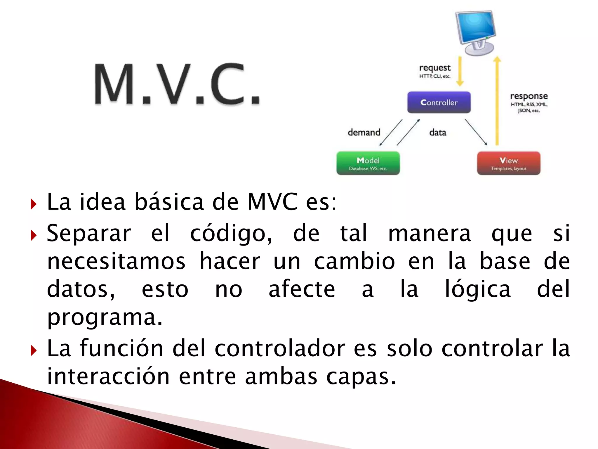  La idea básica de MVC es: 
 Separar el código, de tal manera que si 
necesitamos hacer un cambio en la base de 
datos, esto no afecte a la lógica del 
programa. 
 La función del controlador es solo controlar la 
interacción entre ambas capas. 
 