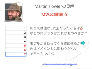 Martin Fowlerの見解
MVCの問題点
via http://martinfowler.com/eaaDev/uiArchs.html
たとえば値が5以上だったときは赤
などのロジックはだれがもつべきか？
!
モデルから返ってくる値に依るが、
色はドメインとは関わりがない
でどっちつかず。
 