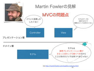 Martin Fowlerの見解
MVCの問題点
via http://martinfowler.com/eaaDev/uiArchs.html
モデル
ViewController
モデルは
最悪プレゼンテーション層が
まるっと変わっても動くべきだから
ここに色のロジックは持つべきじゃない
ドメイン層
プレゼンテーション層
イベント処理しか
したくない
モデルのデータを
反映するだけで
複雑なロジックは持ちたくない
 