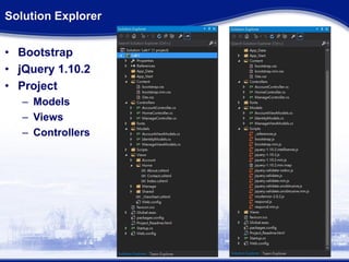 Solution Explorer
• Bootstrap
• jQuery 1.10.2
• Project
– Models
– Views
– Controllers
 