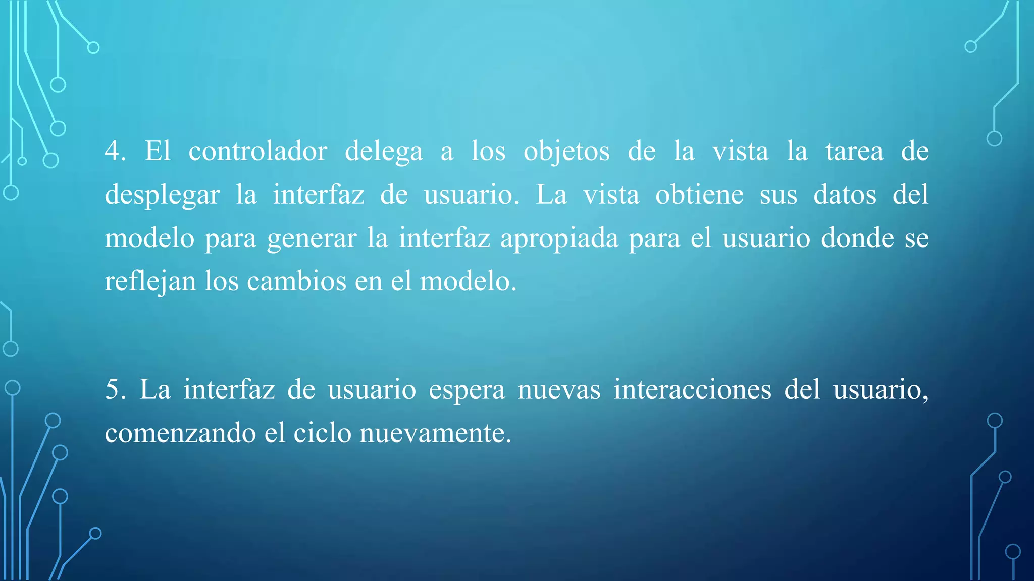 4. El controlador delega a los objetos de la vista la tarea de
desplegar la interfaz de usuario. La vista obtiene sus datos del
modelo para generar la interfaz apropiada para el usuario donde se
reflejan los cambios en el modelo.
5. La interfaz de usuario espera nuevas interacciones del usuario,
comenzando el ciclo nuevamente.
 