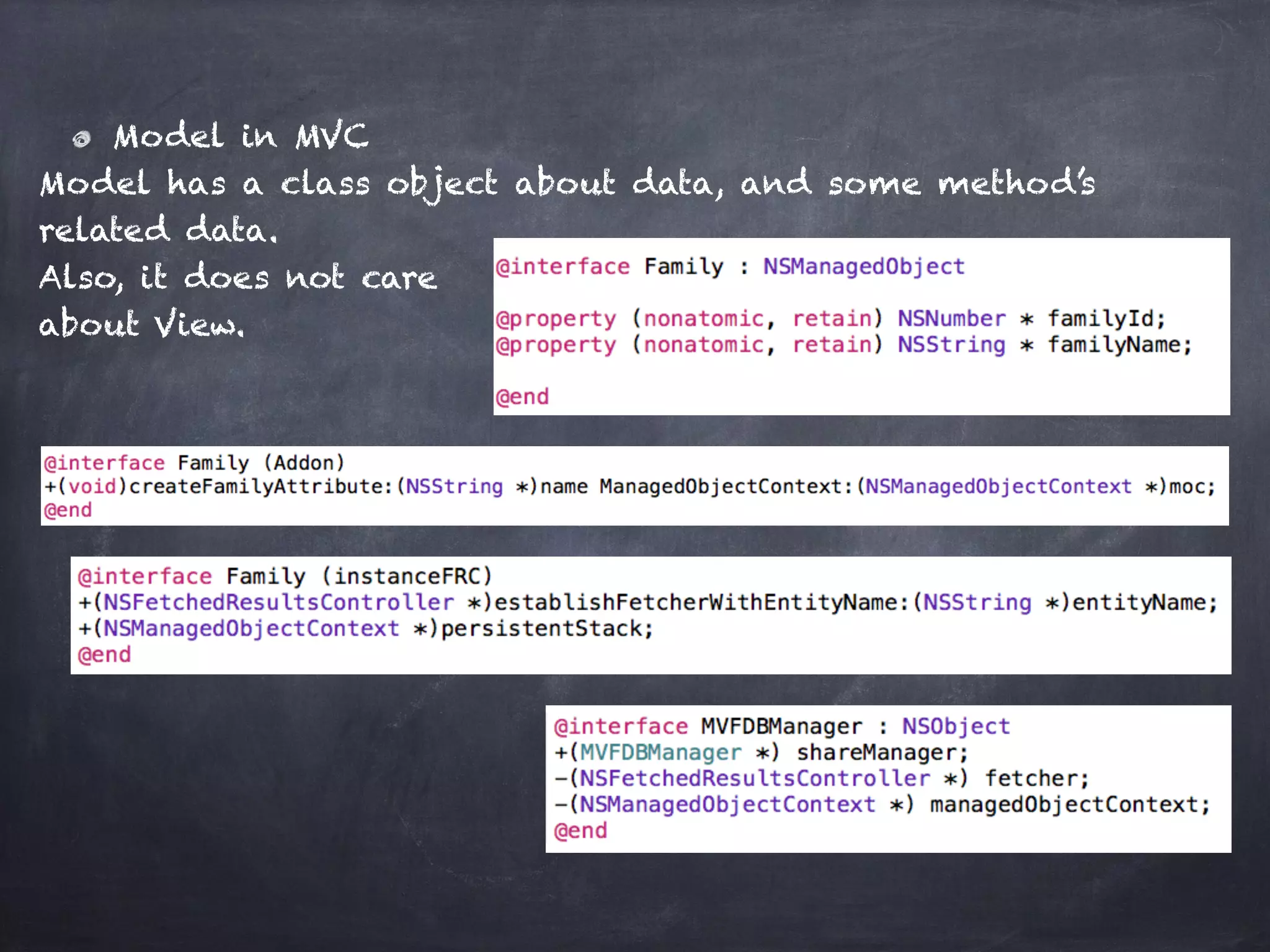 Model in MVC
Model has a class object about data, and some method’s
related data.
Also, it does not care
about View.
 