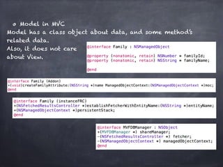 Model in MVC
Model has a class object about data, and some method’s
related data.
Also, it does not care
about View.
 