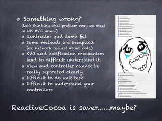 Something wrong?
(Let’s thinking what problem may we meet  
in iOS MVC now…)
Controller god damn fat
Some methods are inexplicit 
(ex: network request about data)
KVO and notification mechanism  
lead to difficult understand it
View and controller cannot be  
really separated clearly
Difficult to do unit test
Difficult to understand your  
controllers
ReactiveCocoa is saver..….maybe?
 