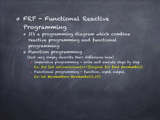 FRP - Functional Reactive
Programming
It’s a programming diagram which combine
reactive programming and functional
programming
Function programming
(Just very simply describe their difference here)
Imperative programming - write and execute steps by step
Ex: for (int i=0;i<arr.count;i++){logical for find MaxNumber};
Functional programming - function, input, output. 
Ex: int MaxNumber= MaxNumber(1,10);
 