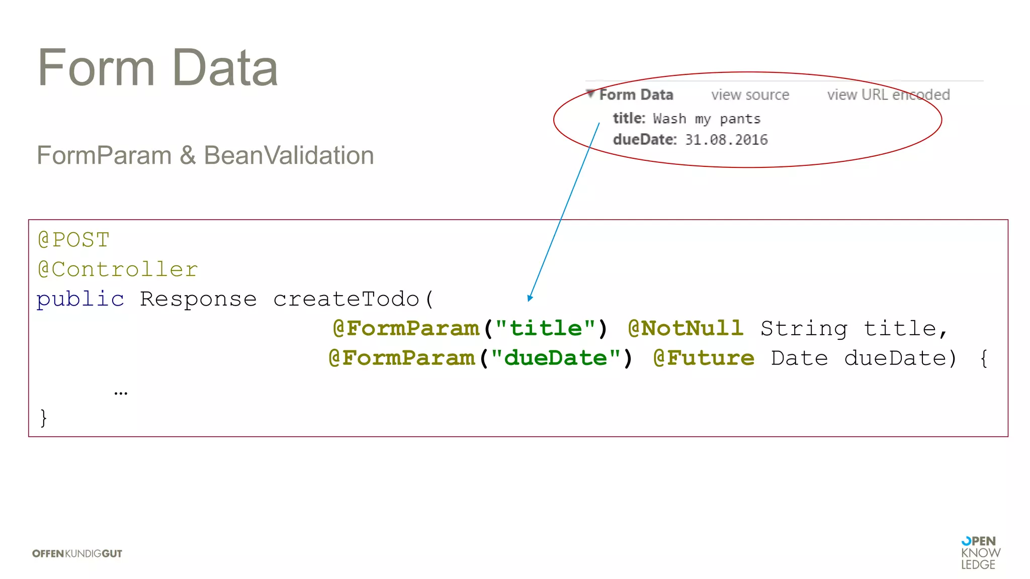 Form Data
FormParam & BeanValidation
@POST
@Controller
public Response createTodo(
@FormParam("title") @NotNull String title,
@FormParam("dueDate") @Future Date dueDate) {
…
}
 