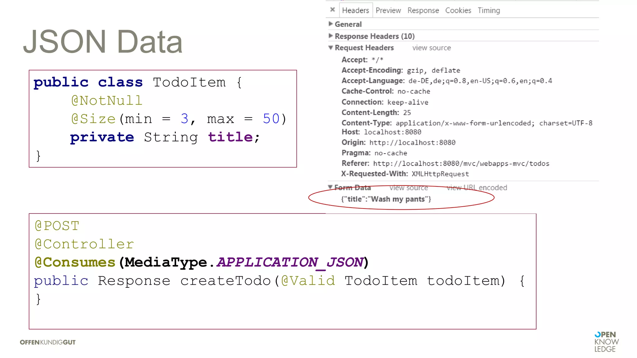 JSON Data
@POST
@Controller
@Consumes(MediaType.APPLICATION_JSON)
public Response createTodo(@Valid TodoItem todoItem) {
}
public class TodoItem {
@NotNull
@Size(min = 3, max = 50)
private String title;
}
 