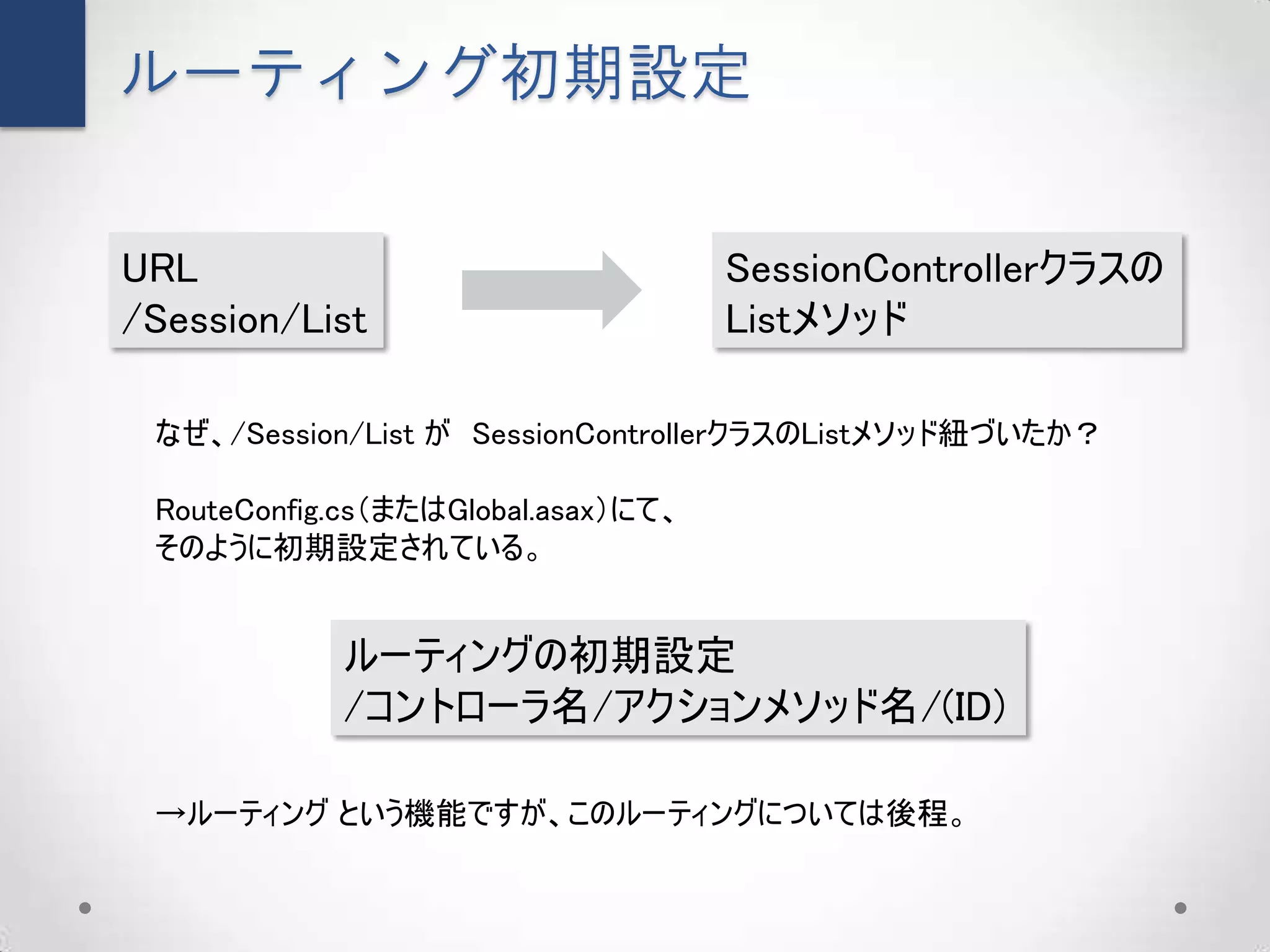 ルーティング初期設定

URL                                  SessionControllerクラスの
/Session/List                        Listメソッド

 なぜ、/Session/List が SessionControllerクラスのListメソッド紐づいたか？

 RouteConfig.cs（またはGlobal.asax）にて、
 そのように初期設定されている。


            ルーティングの初期設定
            /コントローラ名/アクションメソッド名/(ID)

 →ルーティング という機能ですが、このルーティングについては後程。
 