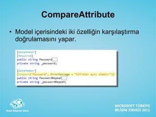 CompareAttribute Model içerisindeki iki özelliğin karşılaştırma doğrulamasını yapar. 