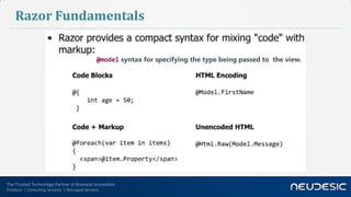 Razor Fundamentals


                                               @model syntax for specifying the type being passed to the view.




The Trusted Technology Partner in Business Innovation
Products | Consulting Services | Managed Services
 
