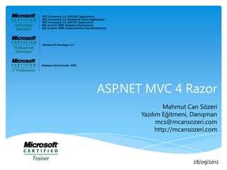 ASP.NET MVC 4 Razor
                Mahmut Can Sözeri
       Yazılım Eğitmeni, Danışman
             mcs@mcansozeri.com
             http://mcansozeri.com




                         28/09/2012
 