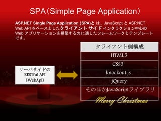 SPASimple Page Application
饤ȂȘ
HTML5
CSS3
knockout.js
jQuery
ΤۤJavaScript饤֥
`Хɤ
RESTful API
WebApi
ASP.NET Single Page Application (SPA) ϡJavaScript  ASP.NET
Web API ٩`Ȥ饤  󥿥饯Ĥ
Web ץꥱ`򘋺BΤmե``ȥƥץ`
Ǥ
 