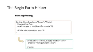 The Begin Form Helper
Html.BeginForm()
@using (Html.BeginForm("Create", "Photo",
FormMethod.Post,
new { enctype = "multipart/form-data" }))
{
@* Place input controls here *@
}
<form action="/Photo/Create" method="post“
enctype="multipart/form-data">
</form>
 