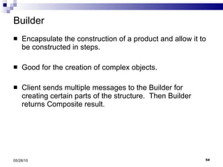 Builder Encapsulate the construction of a product and allow it to be constructed in steps. Good for the creation of complex objects. Client sends multiple messages to the Builder for creating certain parts of the structure.  Then Builder returns Composite result. 05/28/10 