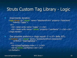Struts Custom Tag Library - Logic
     Inserimento iterativo:
     <logic:iterate id="utente" name="listaUtentiForm" property="listaUtenti"
          indexId="index">
      <tr>
        <td><bean:write name="index" /></td>
        <td><bean:write name="utente" property="userName" /></td></tr>
     </logic:iterate>

     Ove possibile preferire a <logic:equal> il <c:if> della JSTL:
     <c:forEach var="utente" items="${listaUtentiForm.listaUtenti}"
          varStatus="loopTagStatus">
      <tr>
       <td>${loopTagStatus.index + 1 }</td>
       <td>${utente.userName}</td></tr>
     </c:forEach>

www.taringamberini.com            MVC Struts 1                             54
 