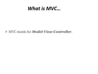 What is MVC…



MVC stands for Model-View-Controller.
 