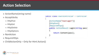  ActionName(string name)
 AcceptVerbs
 HttpPost
 HttpGet
 HttpDelete
 HttpOptions
 NonAction
 RequireHttps
 ChildActionOnly – Only for Html.Action()
Action Selection
http://www.ifourtechnolab.com/
 