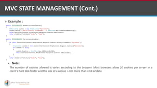  Example :
 Note:
The number of cookies allowed is varies according to the browser. Most browsers allow 20 cookies per server in a
client's hard disk folder and the size of a cookie is not more than 4 KB of data
MVC STATE MANAGEMENT (Cont.)
http://www.ifourtechnolab.com/
 