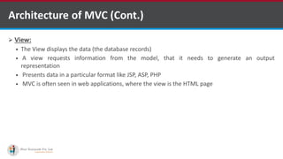 Architecture of MVC (Cont.)
 View:
 The View displays the data (the database records)
 A view requests information from the model, that it needs to generate an output
representation
 Presents data in a particular format like JSP, ASP, PHP
 MVC is often seen in web applications, where the view is the HTML page
•A markup language is a set of markup tags
http://www.ifourtechnolab.com/ C# Software Development Companies India
 