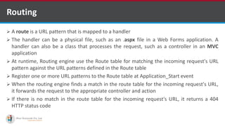 Routing
 A route is a URL pattern that is mapped to a handler
 The handler can be a physical file, such as an .aspx file in a Web Forms application. A
handler can also be a class that processes the request, such as a controller in an MVC
application
 At runtime, Routing engine use the Route table for matching the incoming request's URL
pattern against the URL patterns defined in the Route table
 Register one or more URL patterns to the Route table at Application_Start event
 When the routing engine finds a match in the route table for the incoming request's URL,
it forwards the request to the appropriate controller and action
 If there is no match in the route table for the incoming request's URL, it returns a 404
HTTP status code
•A markup language is a set of markup tags
http://www.ifourtechnolab.com/ C# Software Development Companies India
 