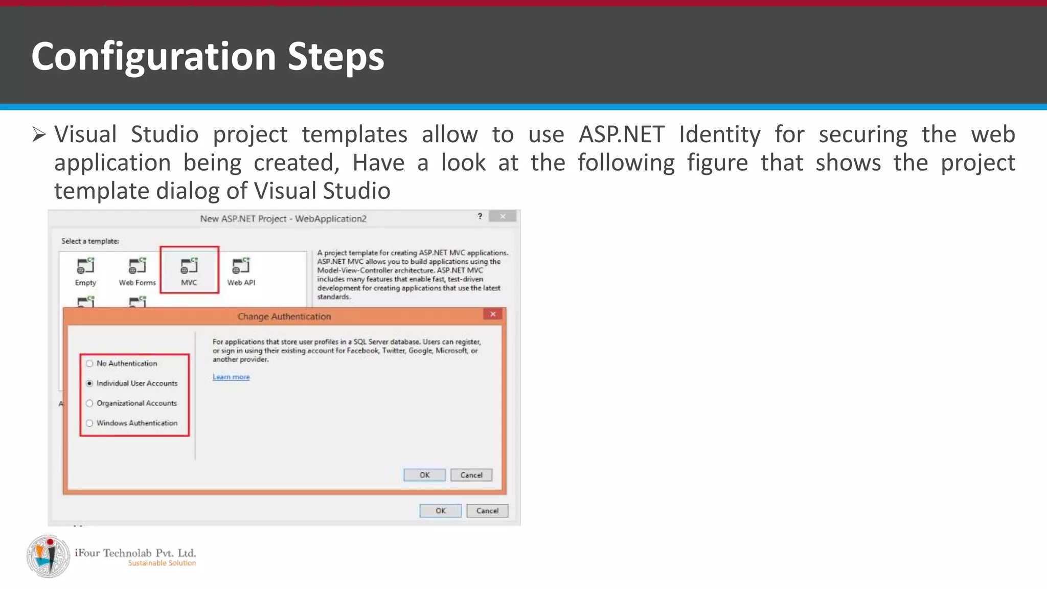 Configuration Steps
 Visual Studio project templates allow to use ASP.NET Identity for securing the web
application being created, Have a look at the following figure that shows the project
template dialog of Visual Studio
•A markup language is a set of markup tags
 