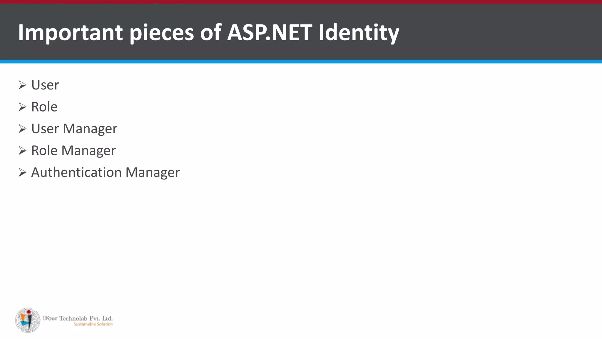 Important pieces of ASP.NET Identity
 User
 Role
 User Manager
 Role Manager
 Authentication Manager
•A markup language is a set of markup tags
 