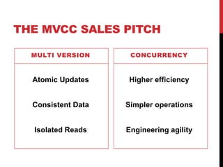 THE MVCC SALES PITCH
MULTI VERSION
Atomic Updates
Consistent Data
Isolated Reads
CONCURRENCY
Higher efficiency
Simpler operations
Engineering agility
 