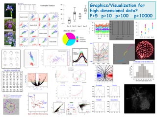 I. Setosa 
I. Verginica 
I. Versicolor 
Species name 
80 
60 
40 
20 
0 
Pet É Pet É Sep É Sep É 
Graphics/Visualization for 
high dimensional data? 
P5 p10 p100 p10000 
80 
60 
40 
20 
0 
Pet É Pet É Sep É Sep É 
80 
60 
40 
20 
30 60 90 120 
Series 
Dat 
a 
nscores 
Pet 
al widt 
h 
I.S I.V I.V 
50 
40 
30 
20 
10 
Species name 
15 
 