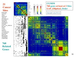21 
Cancer 
Sites 
768 
Related 
Genes 
CGMIM 
768 genes at least at 2 Sites 
GAP_Elliptical_Order 
Jaccard: a/(a+b+c) 
33 
 