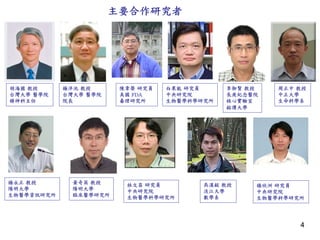 4 
胡海國 
教授 
台灣大學 
醫學院 
精神科主任 
主要合作研究者 
楊泮池 
教授 
台灣大學 
醫學院 
院長 
陳章榮 
研究員 
美國 
FDA 
毒理研究所 
李御賢 
教授 
長庚紀念醫院 
核心實驗室 
銘傳大學 
白果能 
研究員 
中央研究院 
生物醫學科學研究所 
吳漢銘 
教授 
淡江大學 
數學系 
周正中 
教授 
中正大學 
生命科學系 
楊永正 
教授 
陽明大學 
生物醫學資訊研究所 
林文昌 
研究員 
中央研究院 
生物醫學科學研究所 
黃奇英 
教授 
陽明大學 
臨床醫學研究所 
楊欣洲 
研究員 
中央研究院 
生物醫學科學研究所 
 