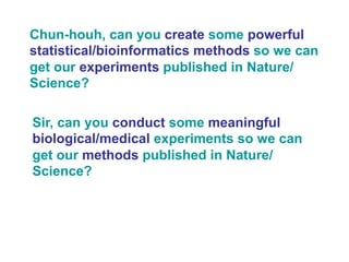 Chun-houh, can you create some powerful 
statistical/bioinformatics methods so we can 
get our experiments published in Nature/ 
Science? 
Sir, can you conduct some meaningful 
biological/medical experiments so we can 
get our methods published in Nature/ 
Science? 
 