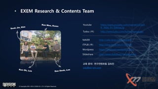 NAVER http://cafe.naver.com/playexem
ITPUB (中) http://blog.itpub.net/31135309/
Wordpress https://playexem.wordpress.com/
Slideshare http://www.slideshare.net/playexem
교육 문의: 연구컨텐츠팀 김숙진
edu@ex-em.com
• EXEM Research & Contents Team
© Copyrights 2001~2016, EXEM CO.,LTD. All Rights Reserved.
Youtube https://www.youtube.com/channel/UC5wK
R_-A0eL_Pn_EMzoauJg
Tudou (中) http://www.tudou.com/home/maxgauge/
 
