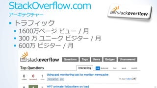 StackOverflow.com
ゕーキテクチャー
 トラフゖック
  1600万ページ ビュー / 月
  300 万 ユニーク ビジター / 月
  600万 ビジター / 月




                         16
 