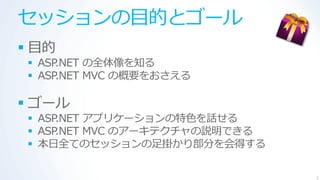 セッションの目的とゴール
 目的
  ASP.NET の全体像を知る
  ASP.NET MVC の概要をおさえる

 ゴール
  ASP.NET ゕプリケーションの特色を話せる
  ASP.NET MVC のゕーキテクチャの説明できる
  本日全てのセッションの足掛かり部分を会得する

                                2
 