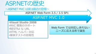 ASP.NETの歴史
～ASP.NET MVC は実は最近の登場～
            ASP.NET Web Form 3.5 / 3.5 SP1
                 ASP.NET MVC 1.0
 •Visual Studio 2008
 •MVC 開発のサポート
 •RESTful な URL              Web Form では対応しきれない
 •HTML ヘルパー対応                  ニーズに応える形で誕生
 •単体テストの容易性




                                                  8
 