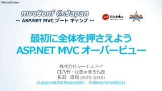 mvcConf @:Japan
～ ASP.NET MVC ブート キャンプ ～



  最初に全体を押さえよう
ASP.NET MVC オーバービュー
                  株式会社シーエスゕ゗
                 CLR/H・せきゅぽろ代表
                 長田 直樹 (おさだ なおき)
      cs.gogo-asp.net/blogs/naoki/   twitter.com/naoki0311
 