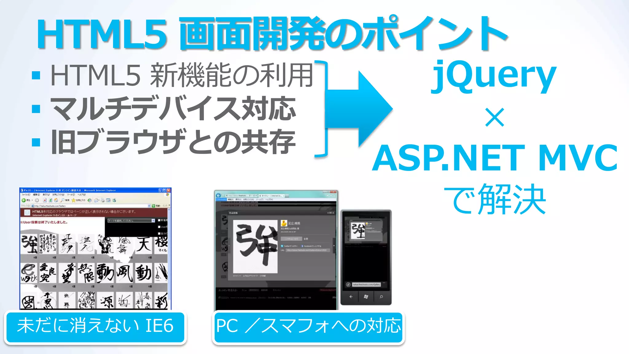 HTML5 画面開発のポイント
 HTML5 新機能の利用             jQuery
 マルチデバイス対応                  ×
 旧ブラウザとの共存
                        ASP.NET MVC
                            で解決


未だに消えない IE6   PC ／スマフォへの対応
 