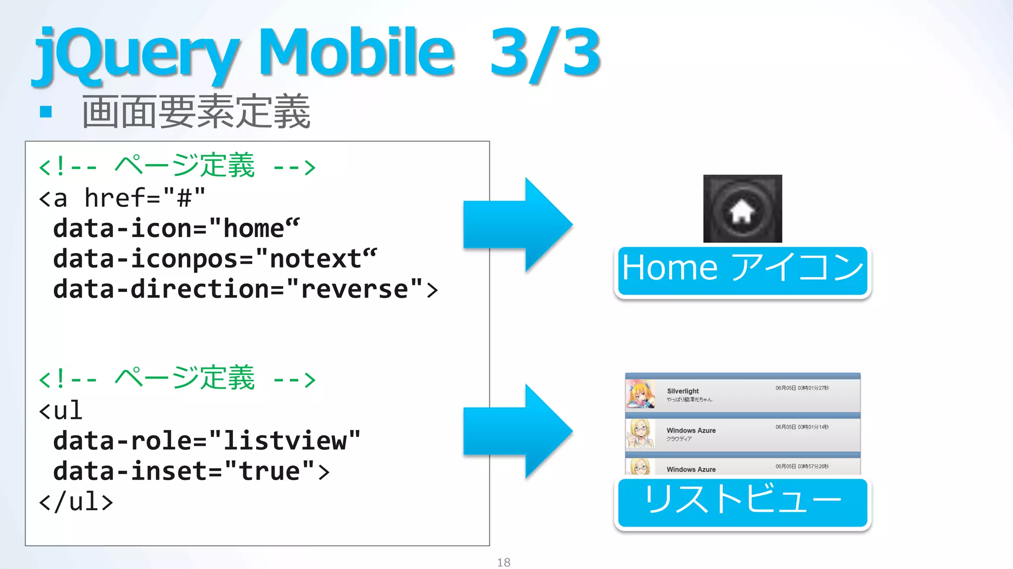 jQuery Mobile 3/3
 画面要素定義
<!-- ページ定義 -->
<a href="#"
 data-icon="home“
 data-iconpos="notext“            Home ゕ゗コン
 data-direction="reverse">


<!-- ページ定義 -->
<ul
 data-role="listview"
 data-inset="true">
</ul>                             リストビュー
                             18
 