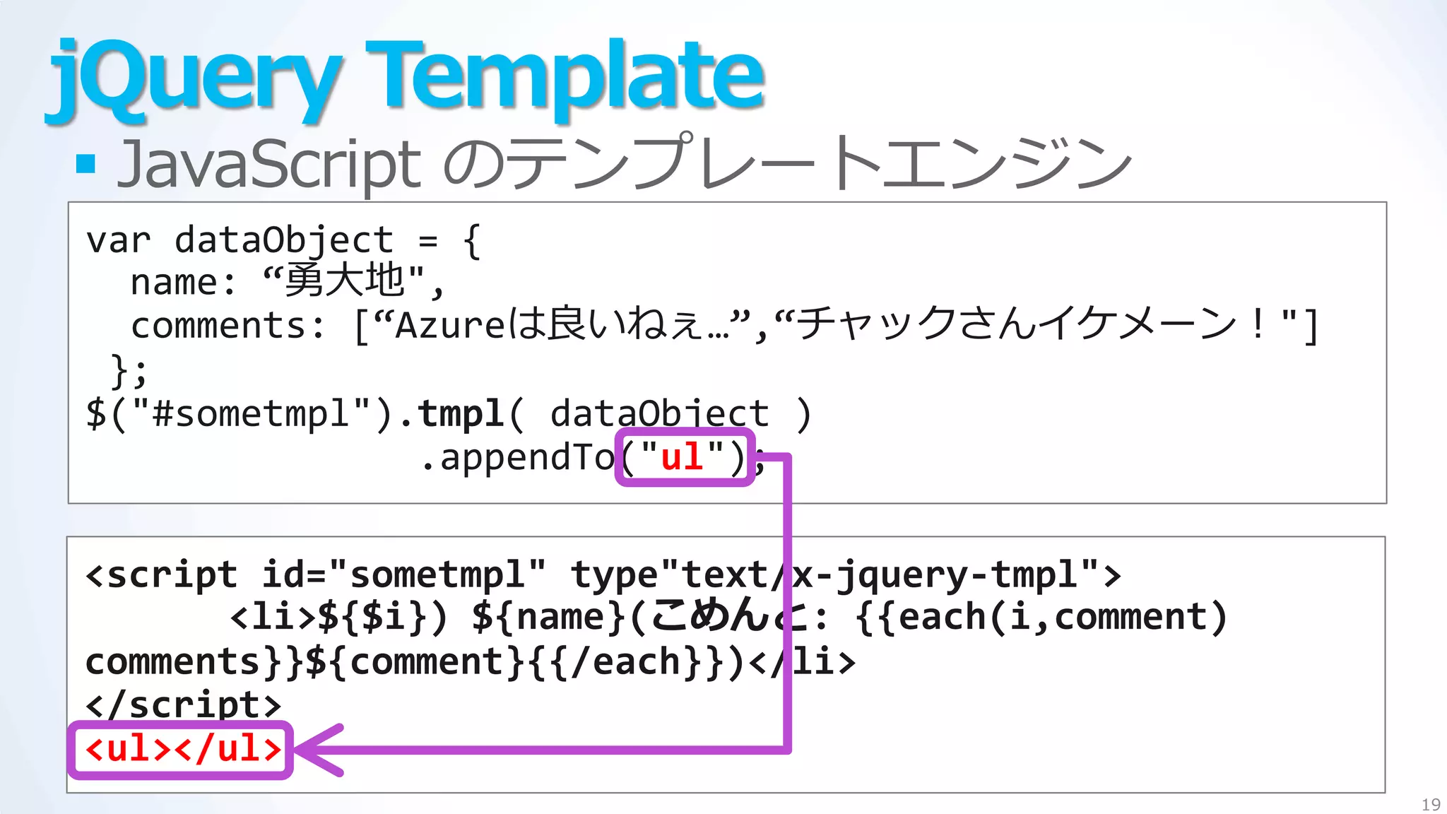 jQuery Template
 JavaScript のテンプレートエンジン
var dataObject = {
  name: ‚勇大地",
  comments: [‚Azureは良いねぇ…‛,‚チャックさん゗ケメーン！"]
 };
$("#sometmpl").tmpl( dataObject )
               .appendTo("ul");

<script id="sometmpl" type"text/x-jquery-tmpl">
       <li>${$i}) ${name}(こめんと: {{each(i,comment)
comments}}${comment}{{/each}})</li>
</script>
<ul></ul>
                                                    19
 