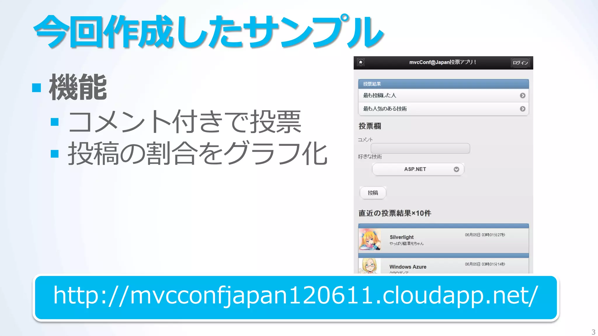 今回作成したサンプル
 機能
 コメント付きで投票
 投稿の割合をグラフ化




 http://mvcconfjapan120611.cloudapp.net/
                                           3
 