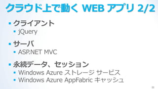 クラウド上で動く WEB アプリ 2/2
 クライアント
  jQuery

 サーバ
  ASP.NET MVC

 永続データ、セッション
  Windows Azure ストレージ サービス
  Windows Azure ...