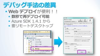 デバッグ手法の差異
 Web デプロイが便利！！
 数秒で再デプロイ可能
 Azure SDK 1.4.1 から
 要リモートデスクトップ
 