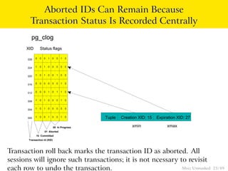 Aborted IDs Can Remain Because
        Transaction Status Is Recorded Centrally
         pg_clog
      XID        Status flags

       028   0   0   0   1   0   0   1   0


       024   1   0   1   0   0   0   0   0


       020   1   0   1   0   0   1   0   0


       016   0   0   0   0   0   0   1   0


       012   0   0   0   1   0   1   1   0


       008   1   0   1   0   0   0   1   0


       004   1   0   1   0   0   0   0   0


       000   1   0   0   1   0   0   1   0     Tuple   Creation XID: 15   Expiration XID: 27

                              00 In Progress                xmin               xmax
                     01 Aborted
             10 Committed
       Transaction Id (XID)



Transaction roll back marks the transaction ID as aborted. All
sessions will ignore such transactions; it is not ncessary to revisit
each row to undo the transaction.                           Mvcc Unmasked                      23 / 89
 