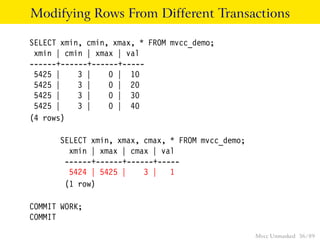 Modifying Rows From Different Transactions

SELECT xmin, cmin, xmax, * FROM mvcc_demo;
 xmin | cmin | xmax | val
------+------+------+-----
 5425 |    3 |    0 | 10
 5425 |    3 |    0 | 20
 5425 |    3 |    0 | 30
 5425 |    3 |    0 | 40
(4 rows)

      SELECT xmin, xmax, cmax, * FROM mvcc_demo;
        xmin | xmax | cmax | val
       ------+------+------+-----
        5424 | 5425 |    3 | 1
       (1 row)

COMMIT WORK;
COMMIT

                                                   Mvcc Unmasked 36 / 89
 